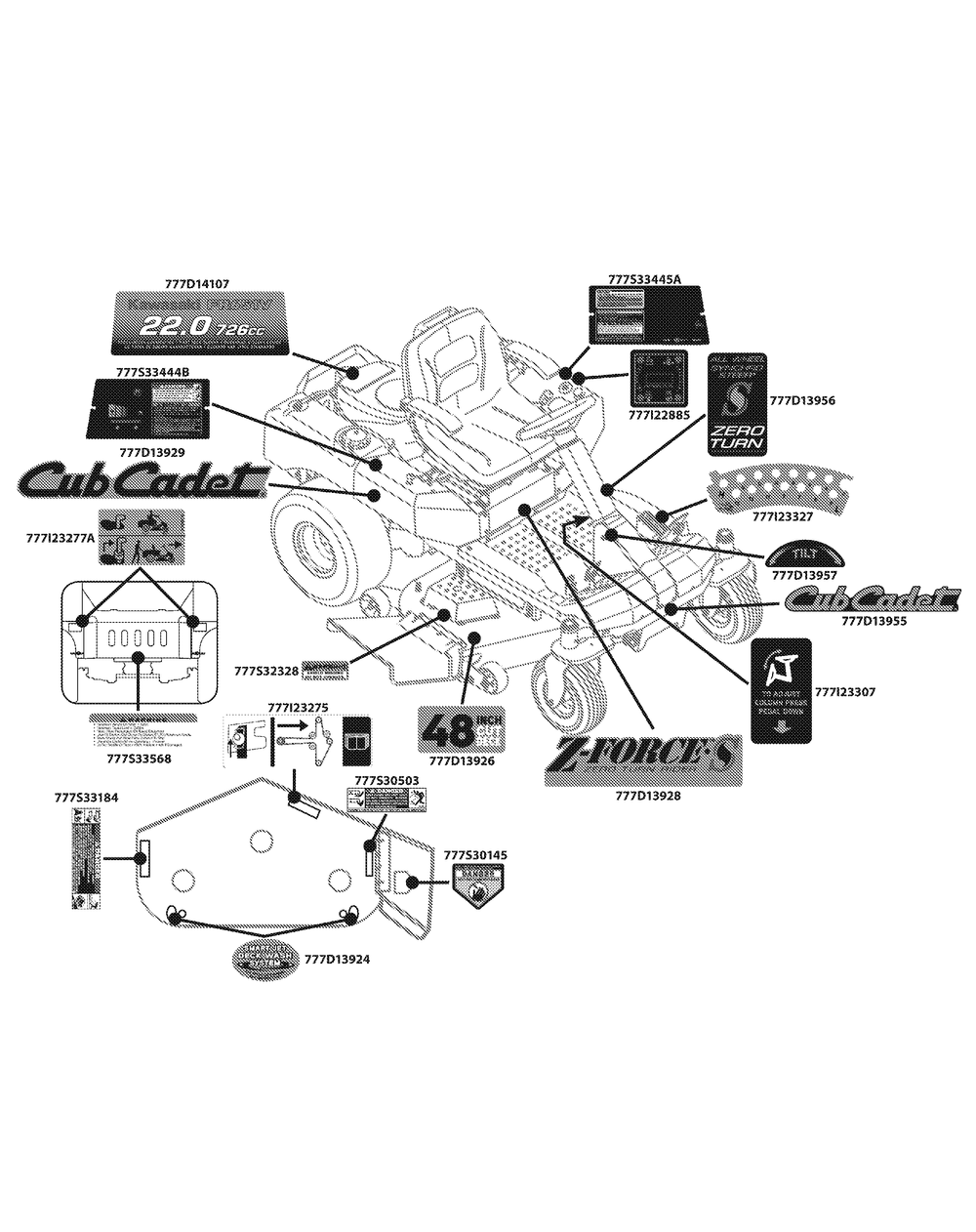 Label Map 48-Inch Diagram and Parts List for Z-FORCES48 (17AI5BHB-17AI5BHB009-17AI5BHB010-17AI5BHB056)(2010) Cub Cadet Lawn Tractor